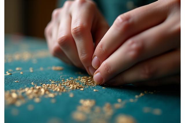 Detail tangan yang sedang menjahit kain batik dengan benang mewah